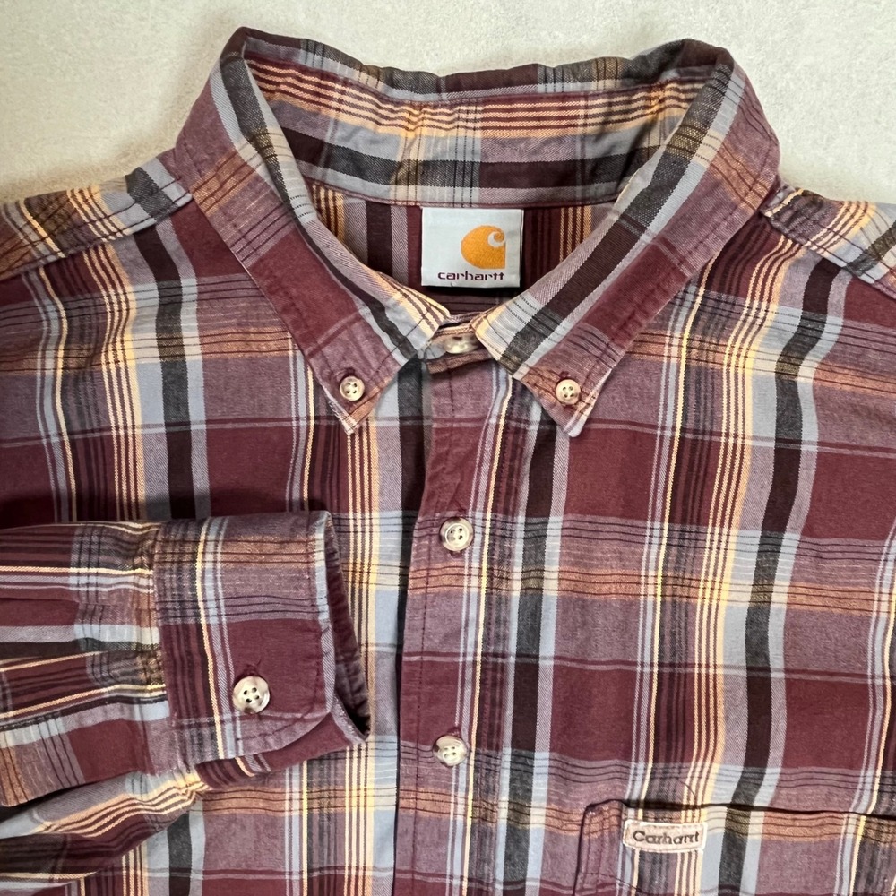 Carhartt Men's Burgundy Plaid Button Down Shirt Sz 3XL Rugged Utility Workwear